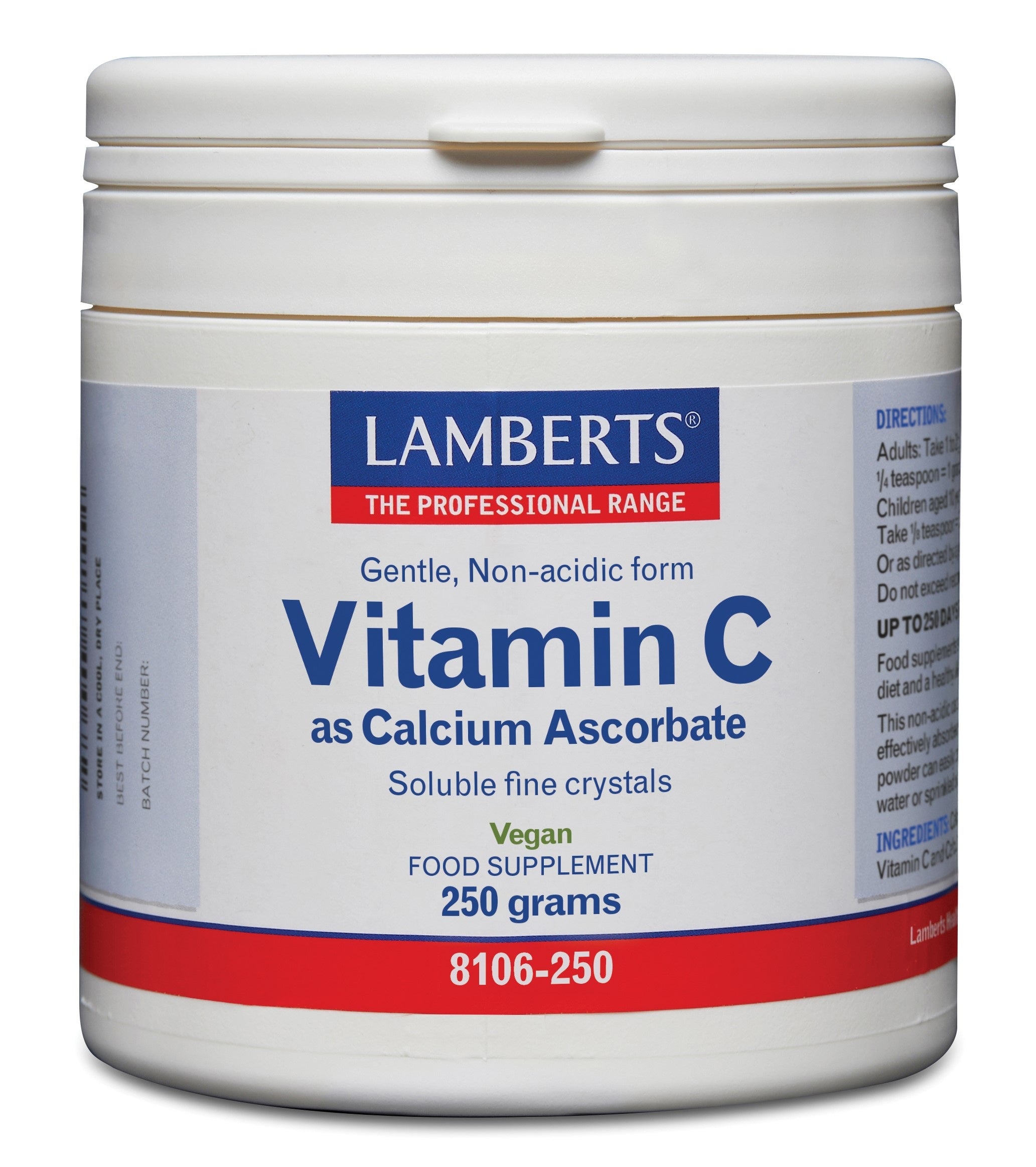 Lamberts Vitamin C calcium ascorbate powder in a 250g container, showing the label and scoop for supplement use.