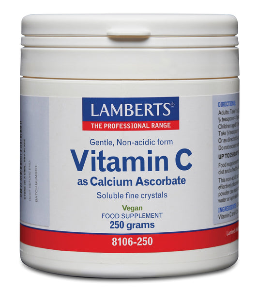 Lamberts Vitamin C calcium ascorbate powder in a 250g container, showing the label and scoop for supplement use.