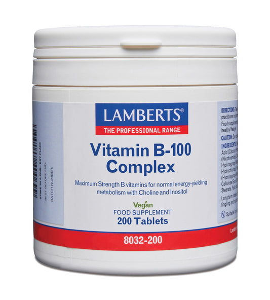 Lamberts Vitamin B100 complex supplement with 200 tablets, showing the product bottle and label.