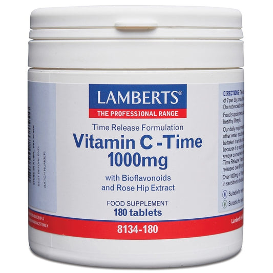 Lamberts Vitamin C 1000mg with bioflavonoids, time-release tablets, showing a bottle of 180 dietary supplement tablets