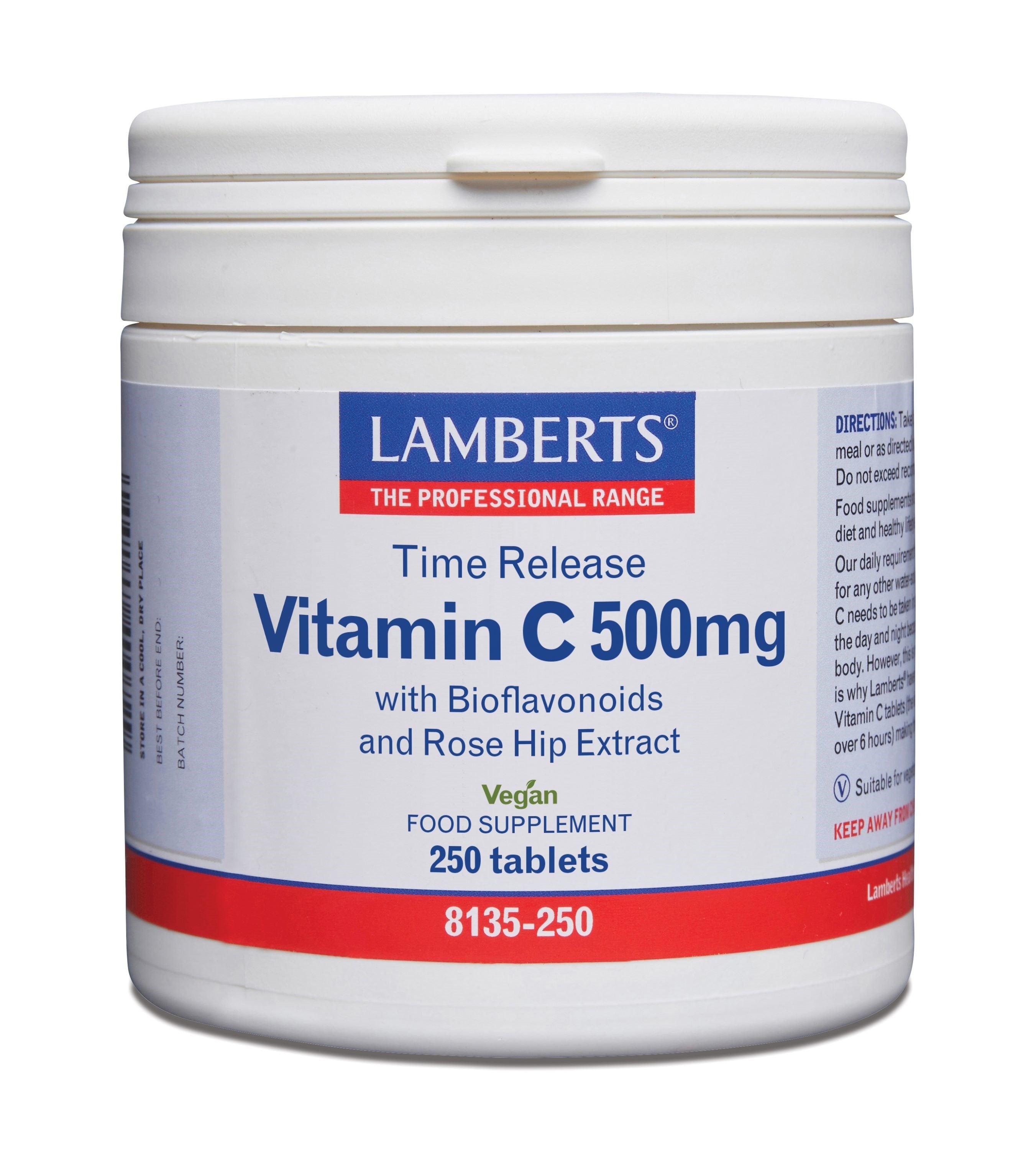 Lamberts Vitamin C 500mg with bioflavonoids in 250 time-release tablets, showing the supplement bottles and tablets inside.