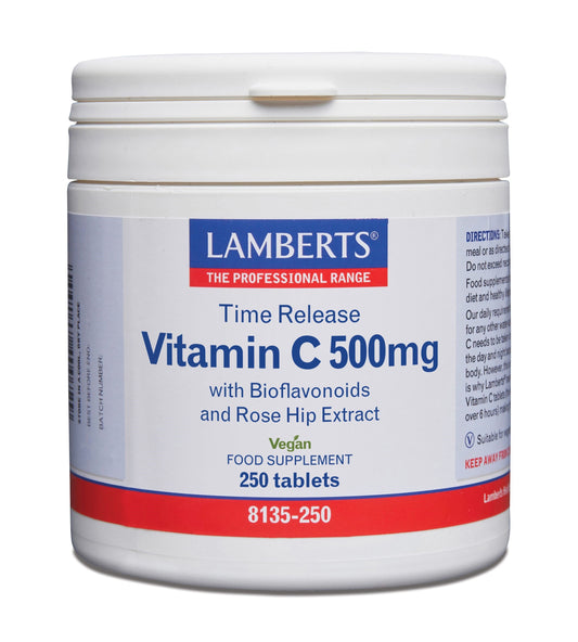 Lamberts Vitamin C 500mg with bioflavonoids in 250 time-release tablets, showing the supplement bottles and tablets inside.