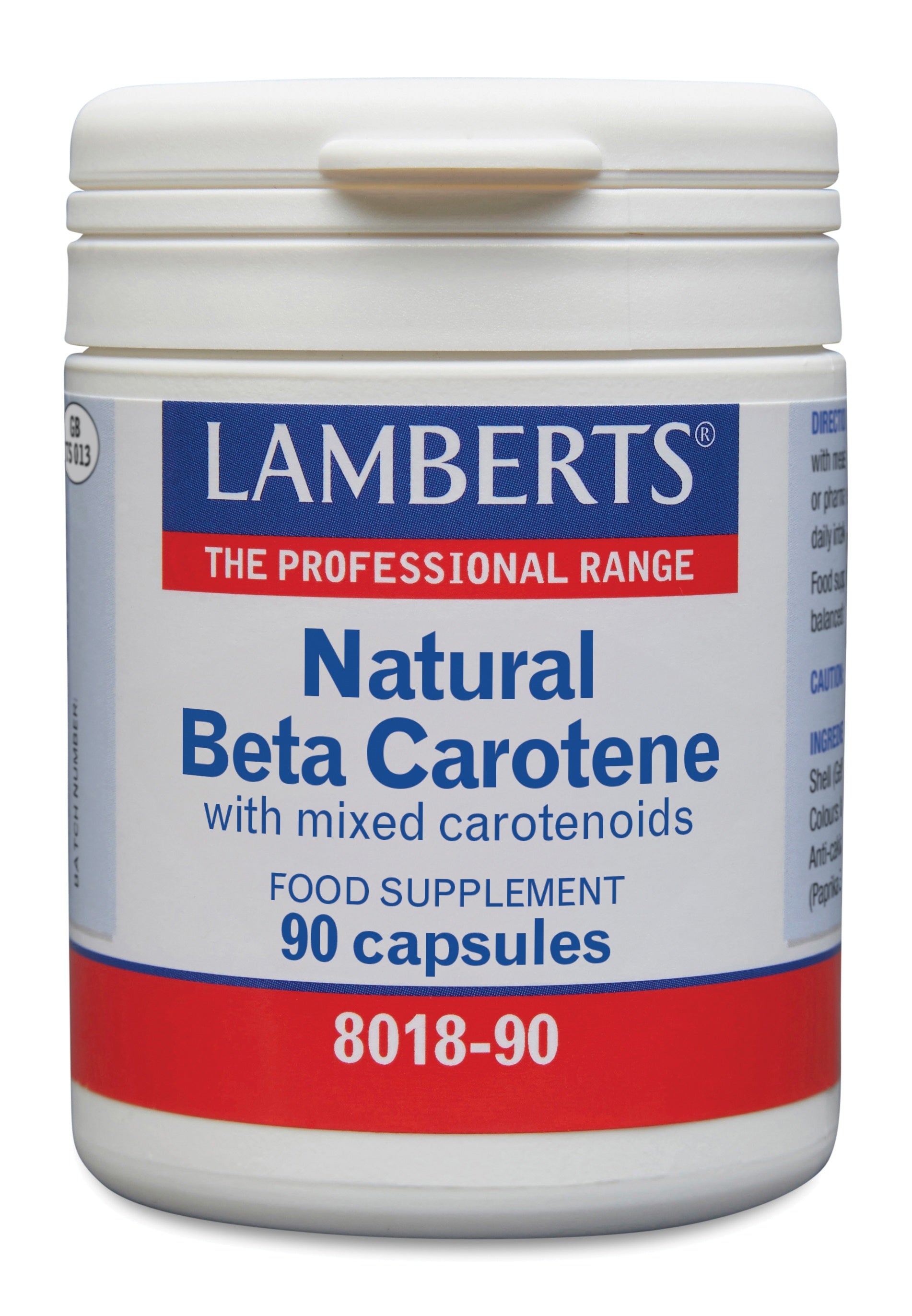 Lamberts Vitamin A 15mg natural beta carotene capsules, 90-count, with orange capsules and label detail.