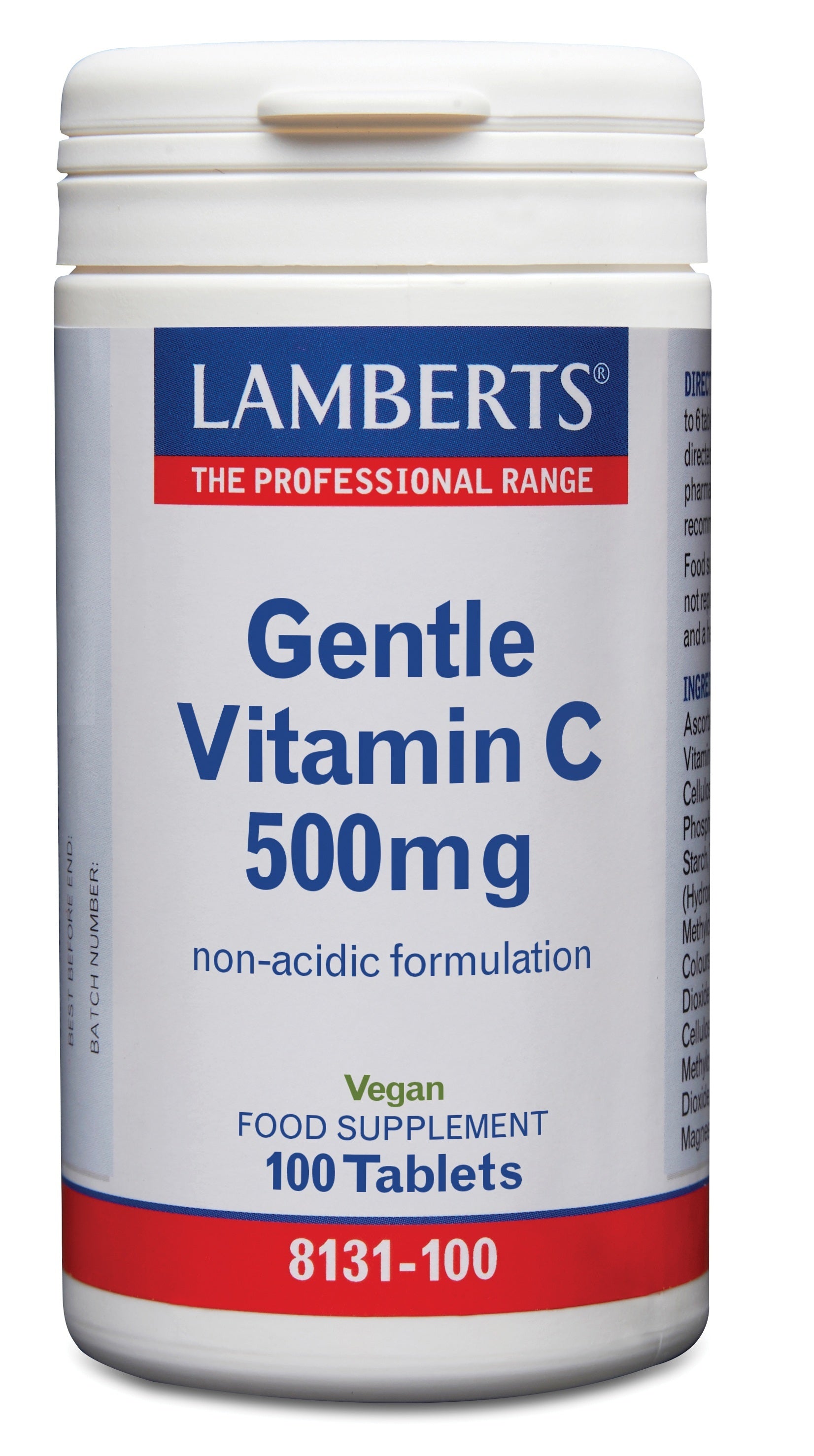 Lamberts Vitamin C 500 mg gentle calcium ascorbate tablets, dietary supplement, 100 count, close-up of the supplement bottles.