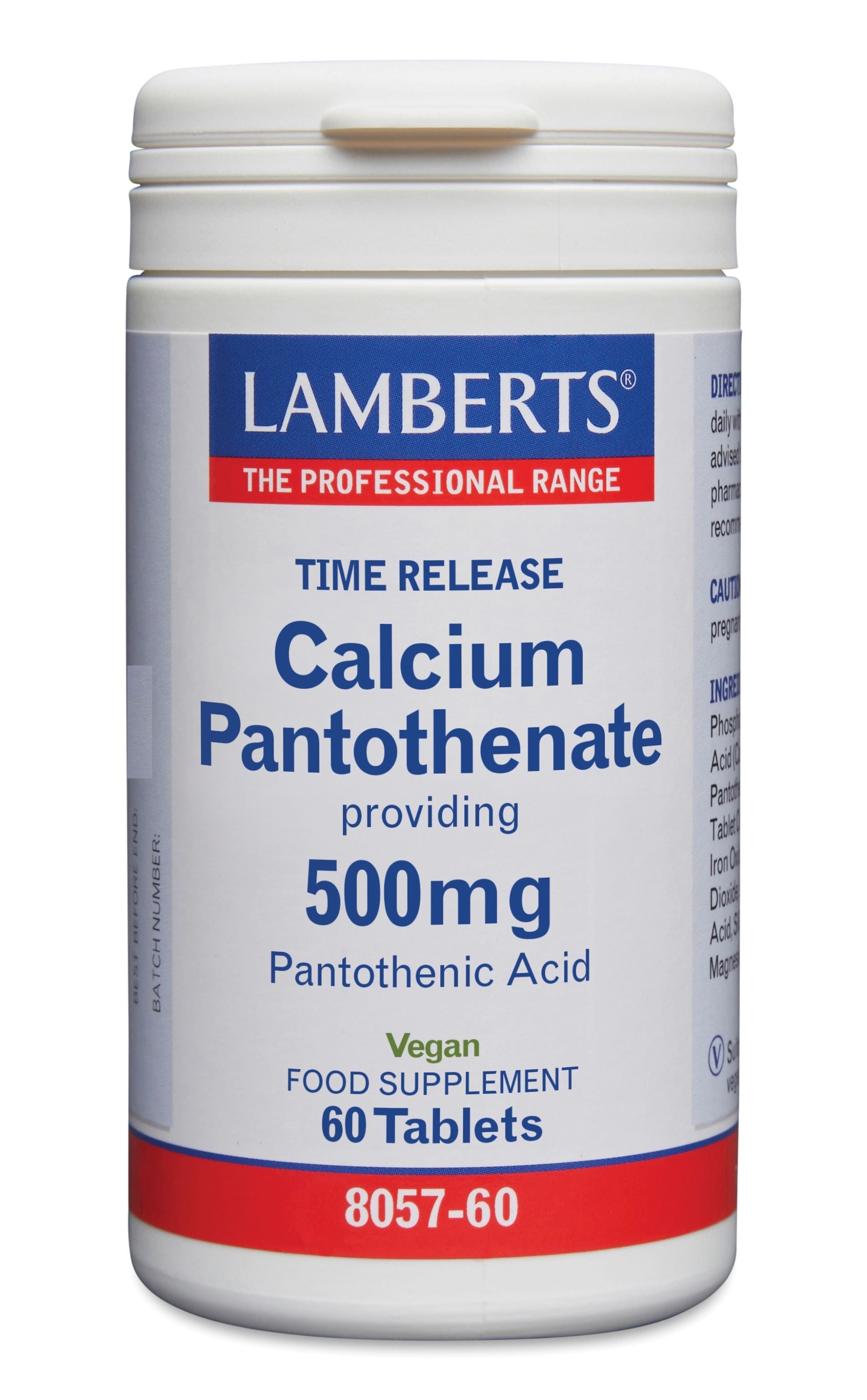Lamberts Vitamin B5 time-release tablets, calcium pantothenate supplement, close-up of 60 tablets in blister pack.