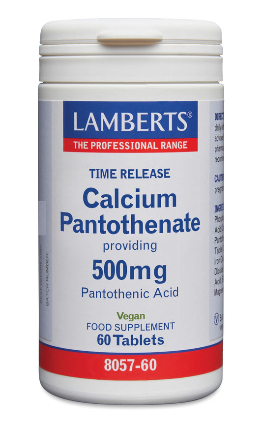 Lamberts Vitamin B5 time-release tablets, calcium pantothenate supplement, close-up of 60 tablets in blister pack.
