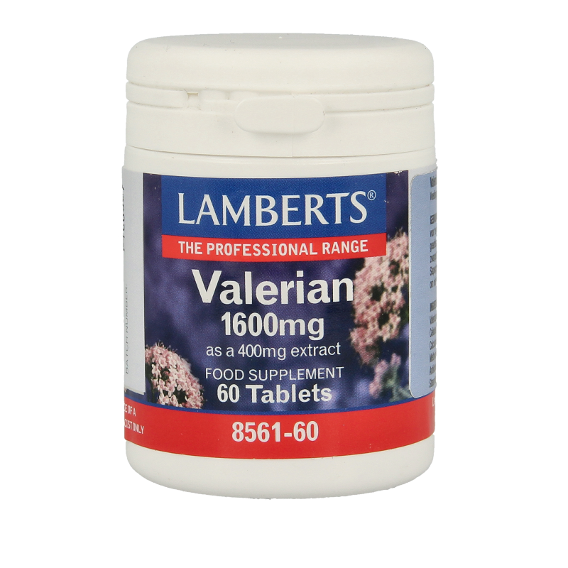 Lamberts Valeriaan 1600mg herbal tablets in a bottle, natural herbal supplement for relaxation and sleep support.