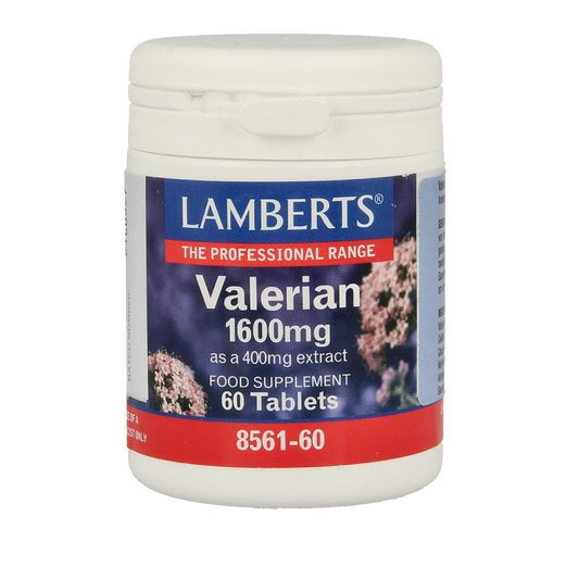 Lamberts Valeriaan 1600mg herbal tablets in a bottle, natural herbal supplement for relaxation and sleep support.
