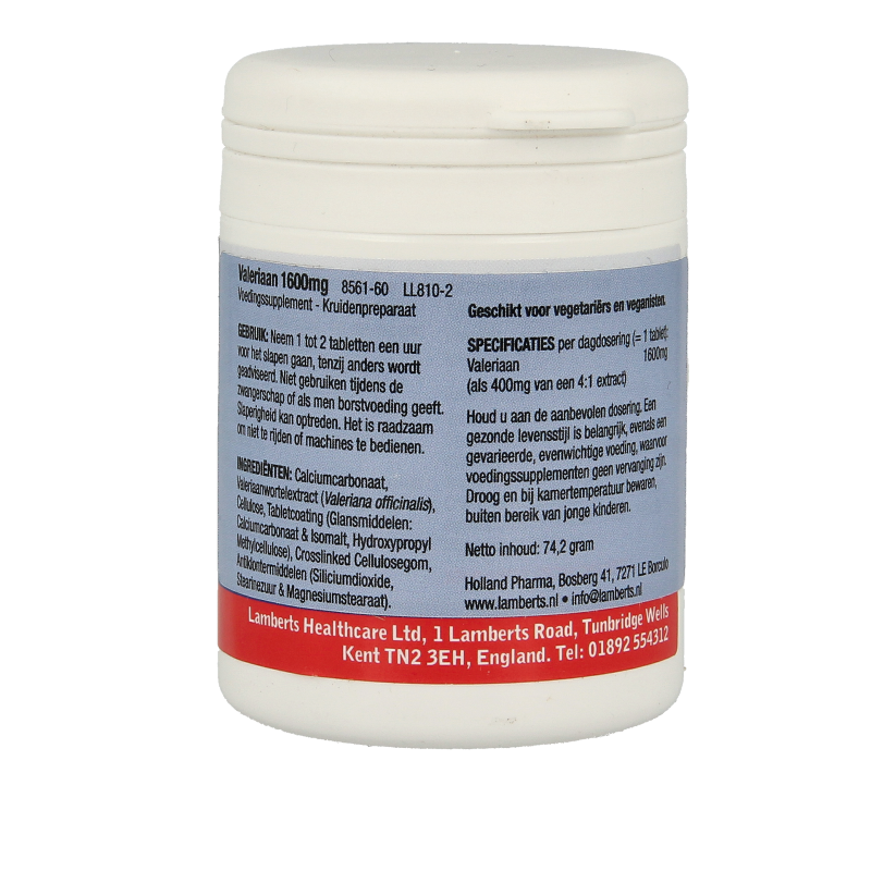 Lamberts Valeriaan 1600mg herbal supplement in a box of 60 tablets, featuring herbal remedy packaging with tablets inside.