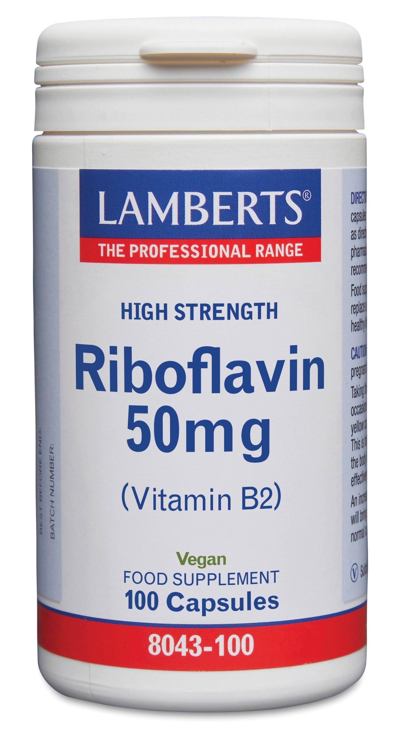Lamberts Riboflavine 50mg Vitamin B2 vegetarian capsules, 100-count bottle, with the product label and capsules visible.