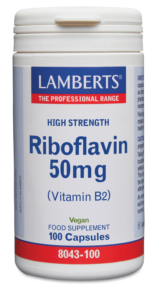 Lamberts Riboflavine 50mg Vitamin B2 vegetarian capsules, 100-count bottle, with the product label and capsules visible.