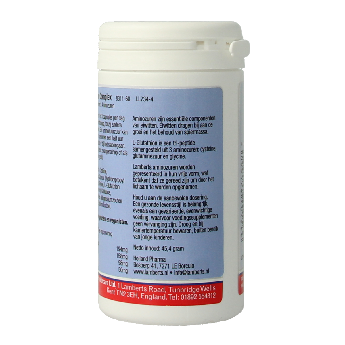 Lamberts L-Glutathion complex supplement bottle with 60 capsules, featuring a white label with blue and green accents.