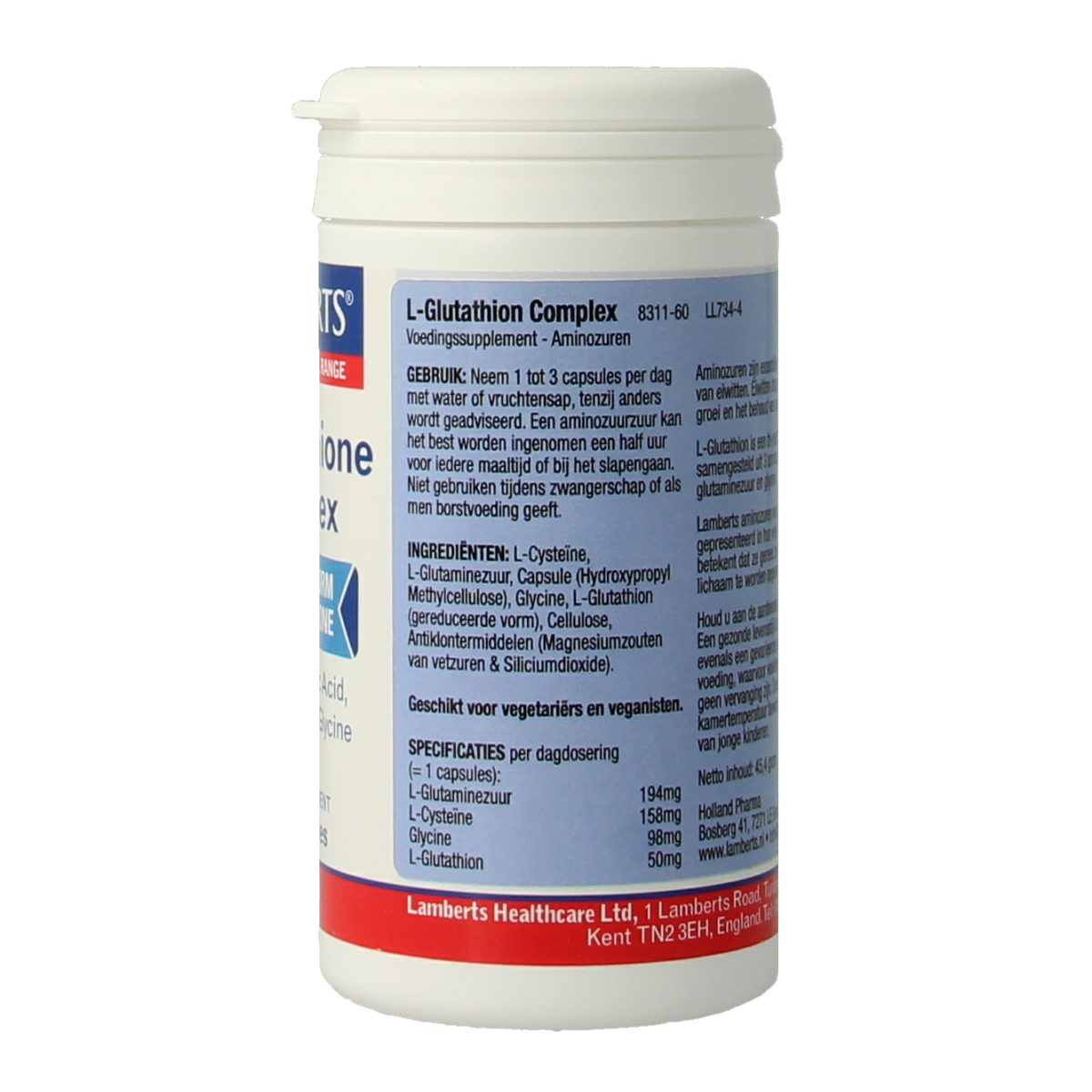 Lamberts L-Glutathion complex capsules, a dietary supplement with amino acids for antioxidant support, shown in a bottle.