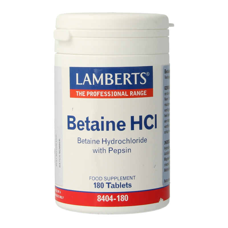 Lamberts Betaine HCL 324mg and Pepsine 5mg multivitamin tablets in a blister pack, showing the supplement tablets.