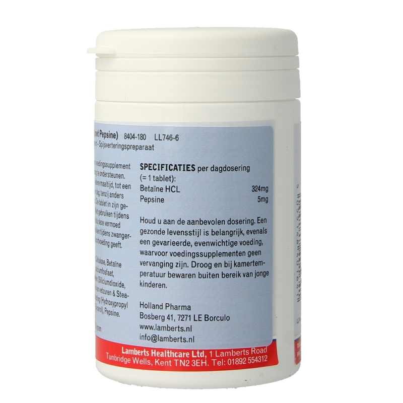 Lamberts Betaine HCL 324mg and Pepsin 5mg multivitamin tablets, 180 count, showing the supplement bottle and tablets.