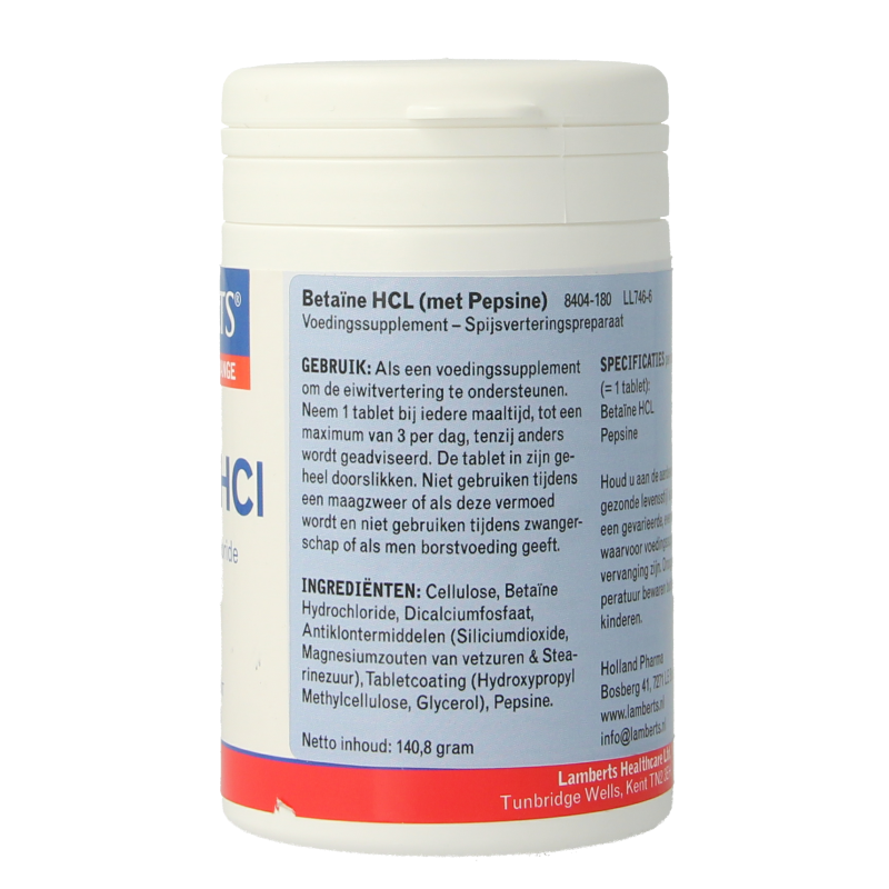 Lamberts Betaine HCL 324mg and Pepsine 5mg multivitamin tablets in bottle, dietary supplement for digestive health