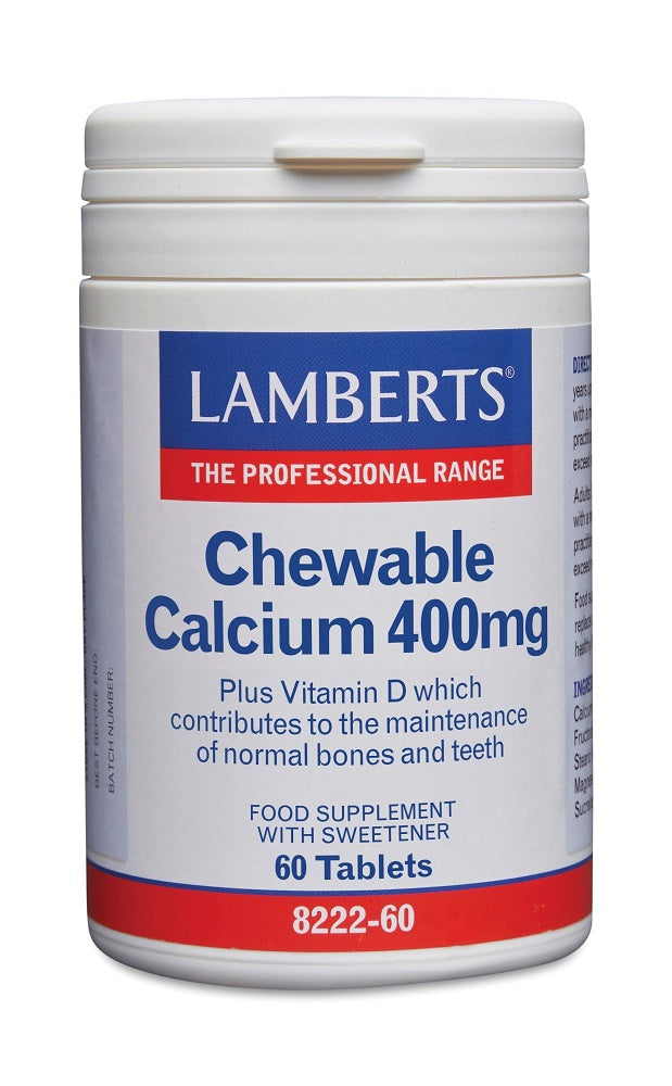 Lamberts Calcium chewable tablets 400mg with vitamin D and FOS, showing the orange flavored tablets in a blister pack.