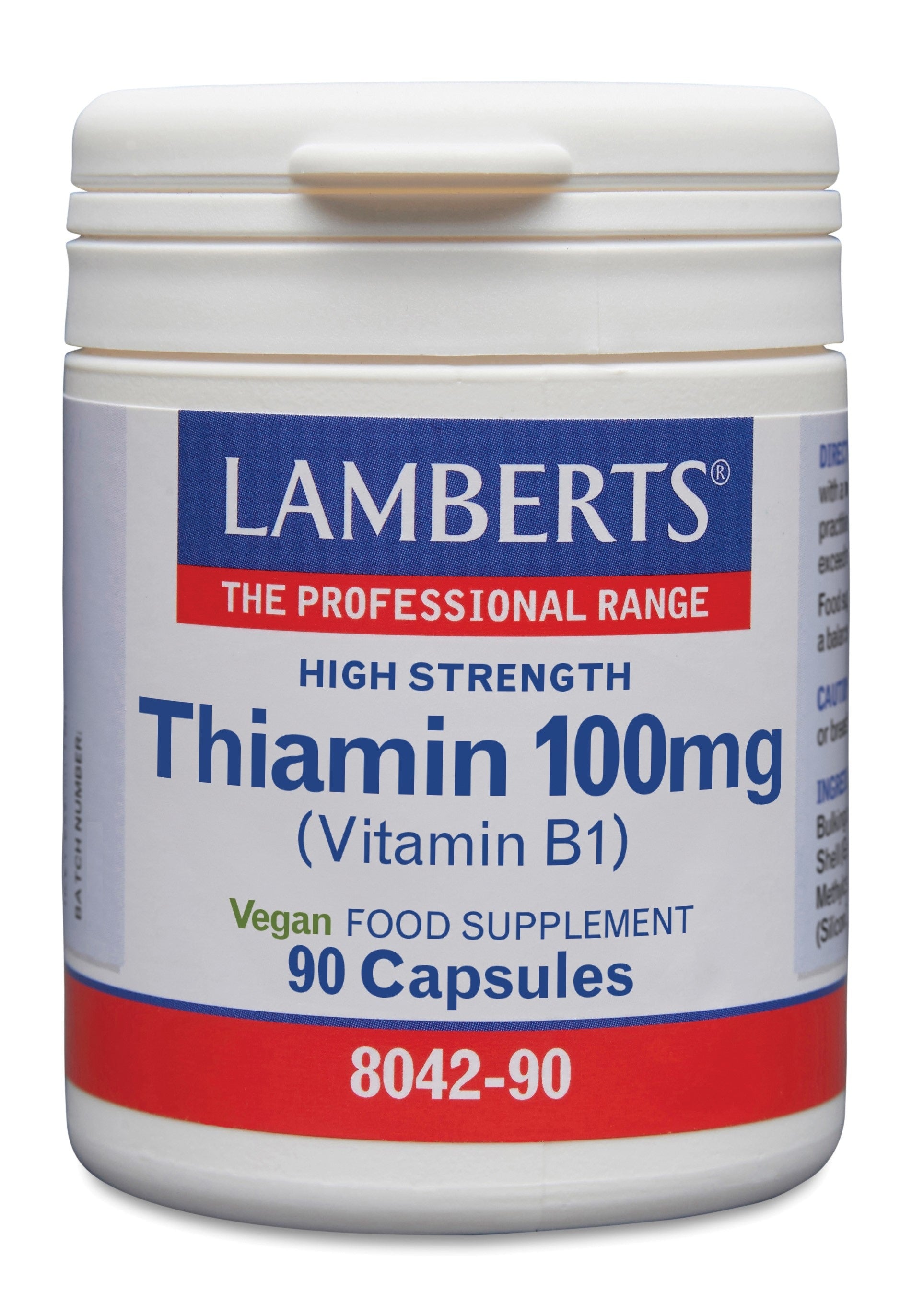Lamberts Vitamin B1 100mg Thiamine vegetarian capsules, 90-count bottle, close-up of the supplement capsules.