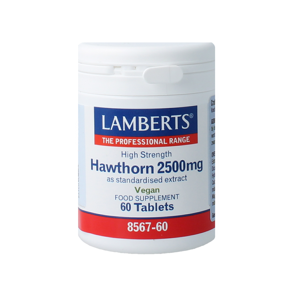 Lamberts Crataegus 2500mg hawthorn herbal tablets, 60 count, in a white bottle with label showing hawthorn berries and leaves.