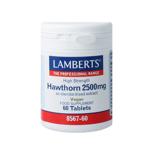 Lamberts Crataegus 2500mg hawthorn herbal tablets, 60 count, in a white bottle with label showing hawthorn berries and leaves.