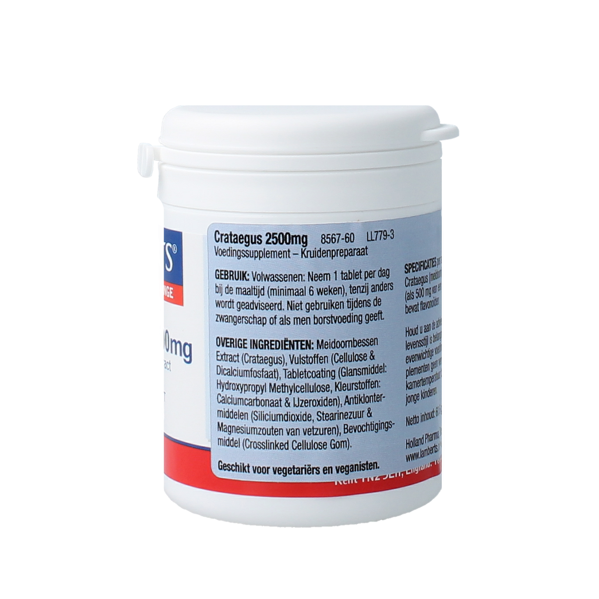 Lamberts Crataegus 2500mg herbal tablets in a bottle, dietary supplement for heart health, with green and white packaging.