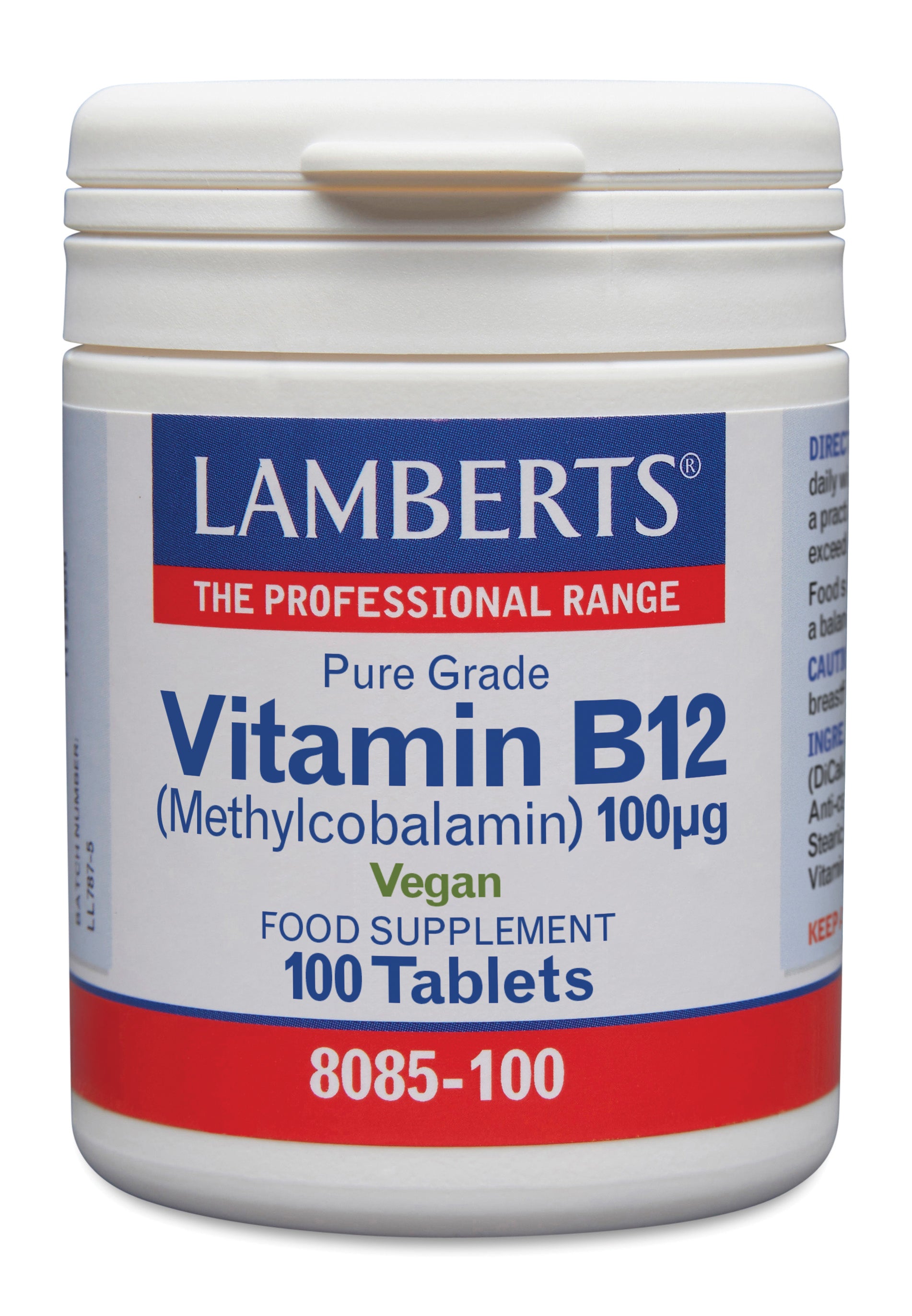 Lamberts Vitamin B12 100mcg methylcobalamin tablets, showing a bottle of dietary supplements with label details.