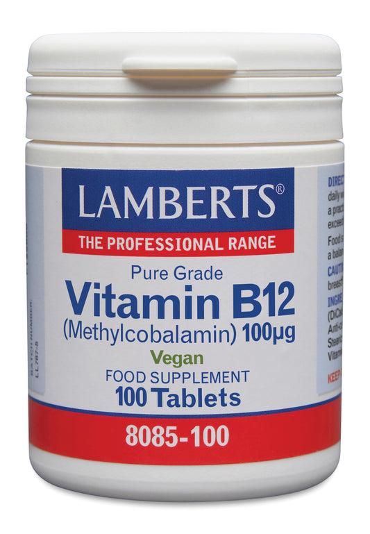 Lamberts Vitamin B12 100mcg methylcobalamin tablets, showing a bottle of dietary supplements with label details.