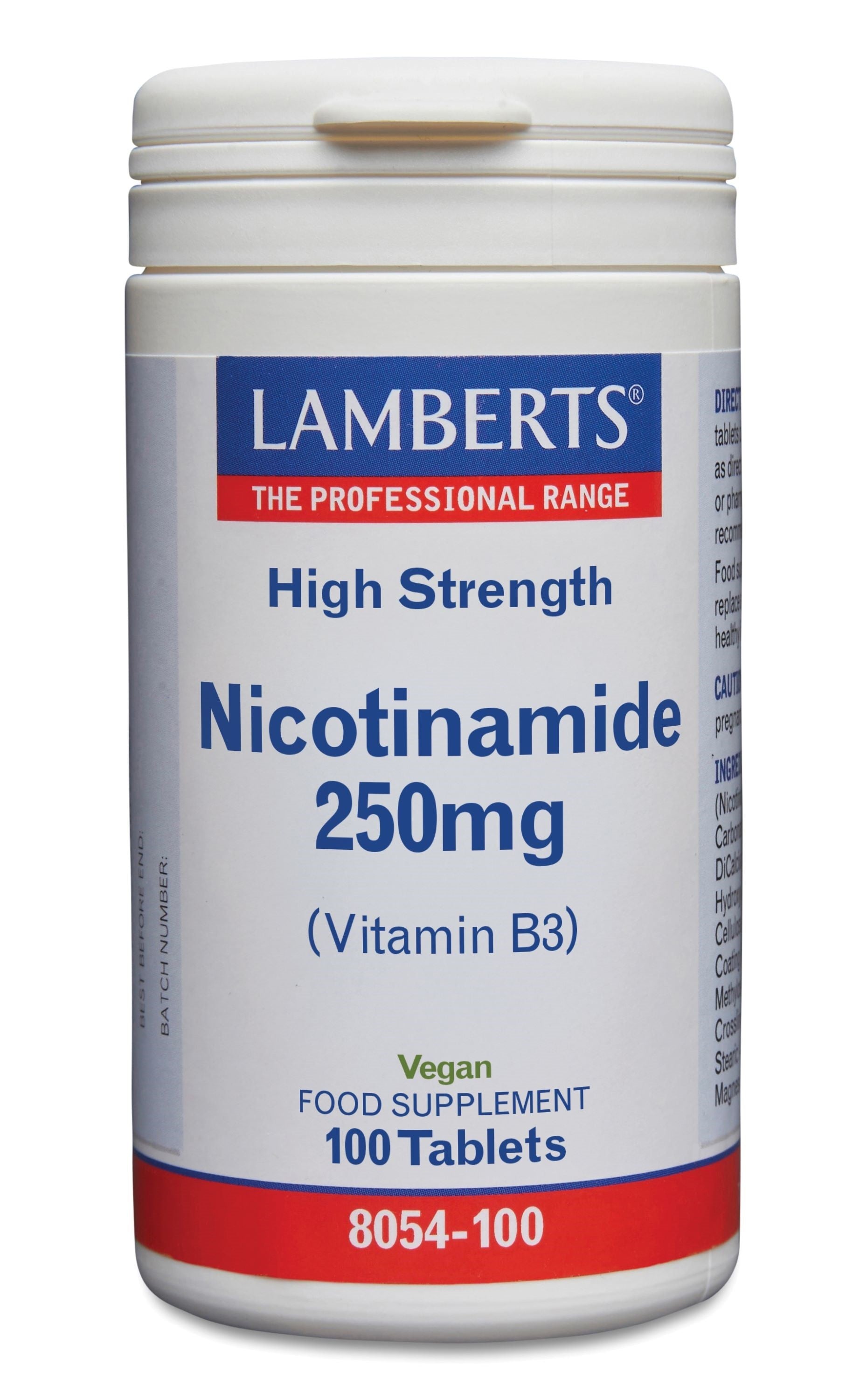 Lamberts Vitamin B3 250mg tablets, dietary supplement featuring niacinamide, shown in blister packaging.