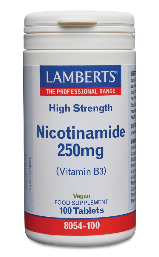 Lamberts Vitamin B3 250mg tablets, dietary supplement featuring niacinamide, shown in blister packaging.
