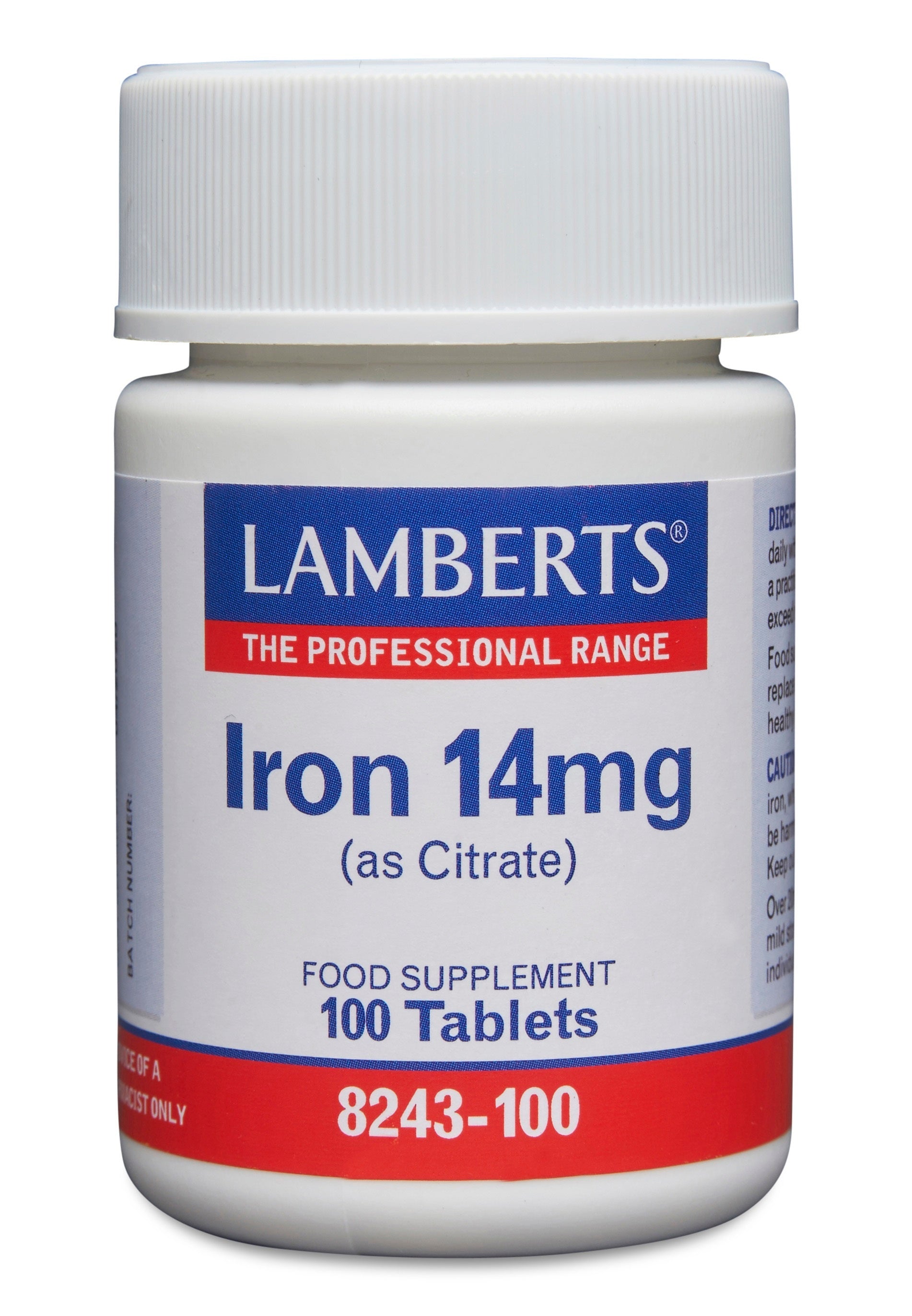 Lamberts IJzer citraat 14mg mineral supplement in a bottle of 100 tablets, showing the product packaging and tablets inside.