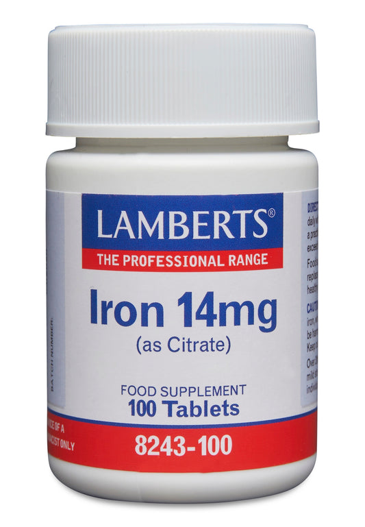 Lamberts IJzer citraat 14mg mineral supplement in a bottle of 100 tablets, showing the product packaging and tablets inside.