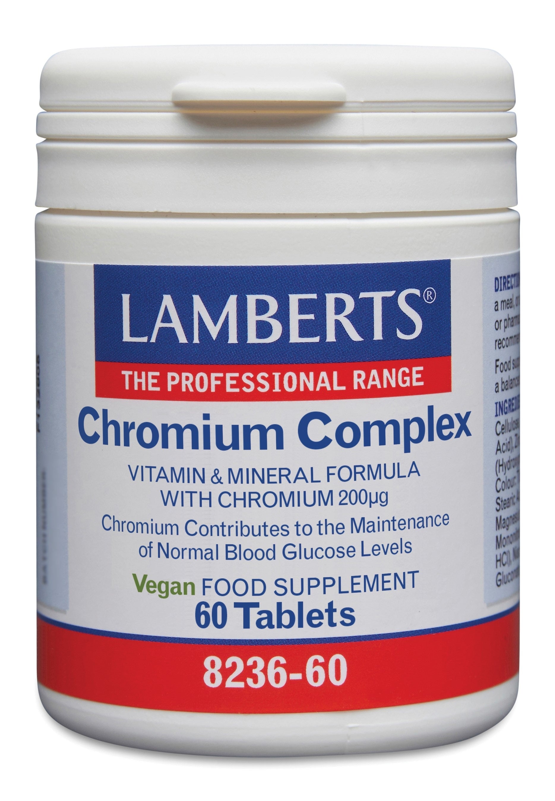 Lamberts Chromium Complex mineral supplement in a bottle of 60 tablets, featuring a white container with a label.