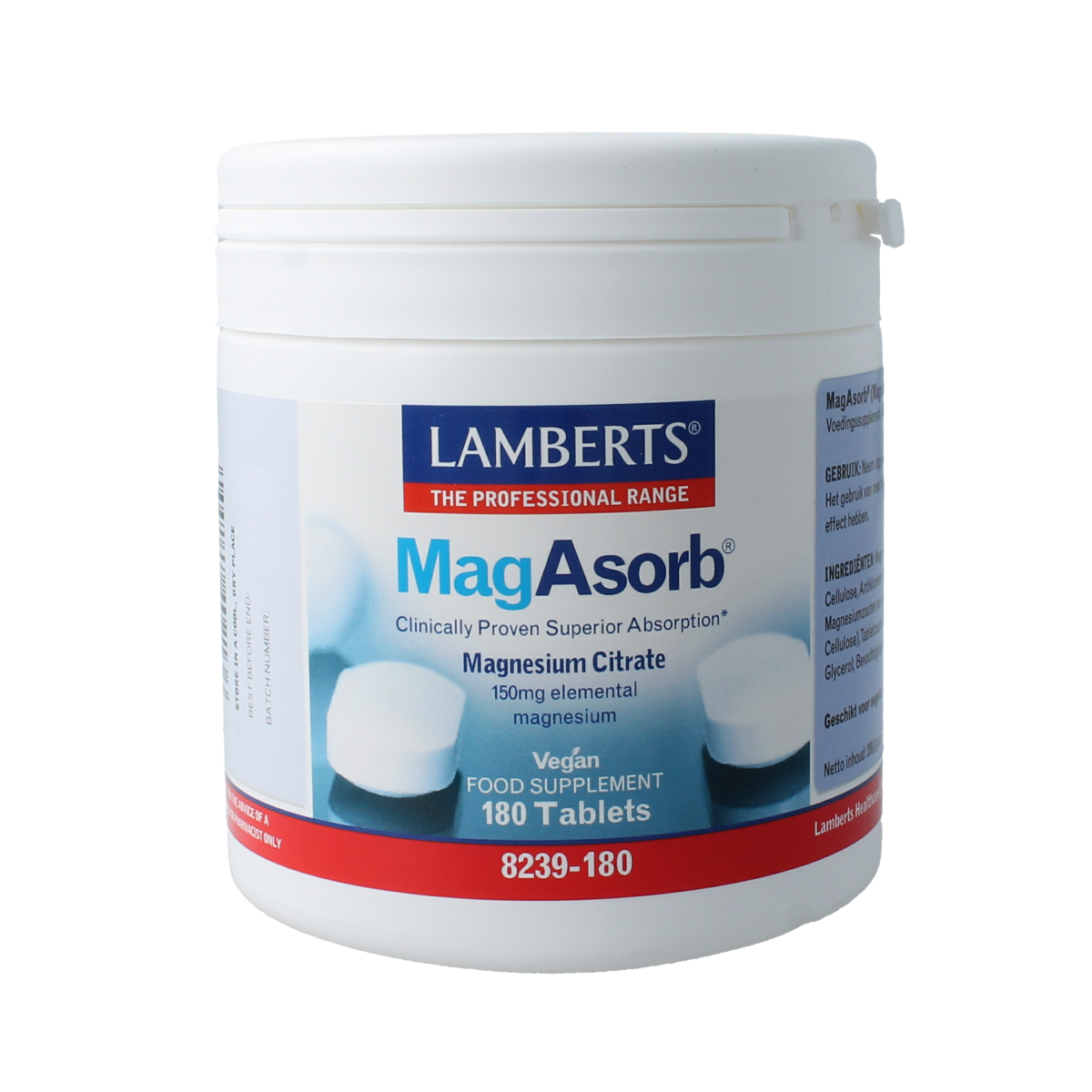 Lamberts MagAsorb magnesium citrate 150mg supplement tablets, 180 count, close-up of the bottle and tablets.