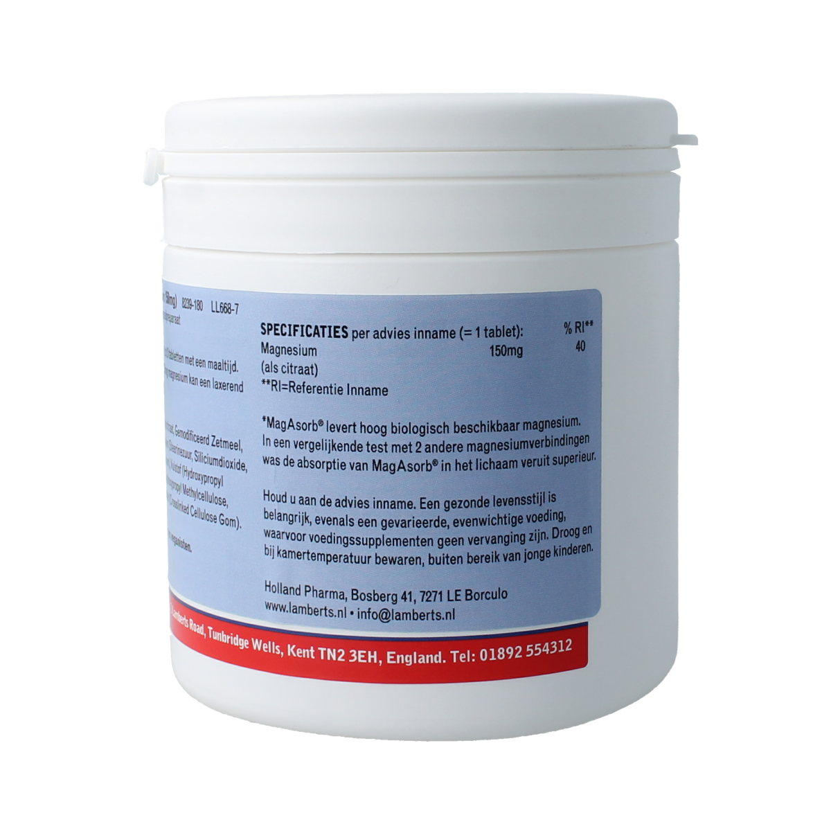 Lamberts MagAsorb magnesium citrate tablets, 150mg, in a bottle, showing the supplement's label and tablets inside.