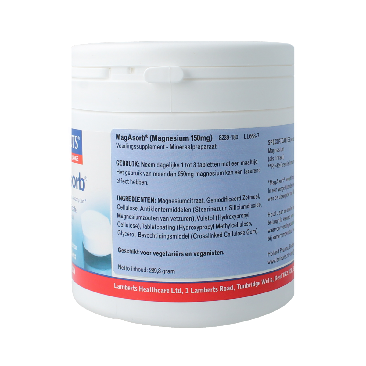 Lamberts MagAsorb magnesium citrate tablets, 150mg, in a bottle, showing the supplement’s label and tablets inside