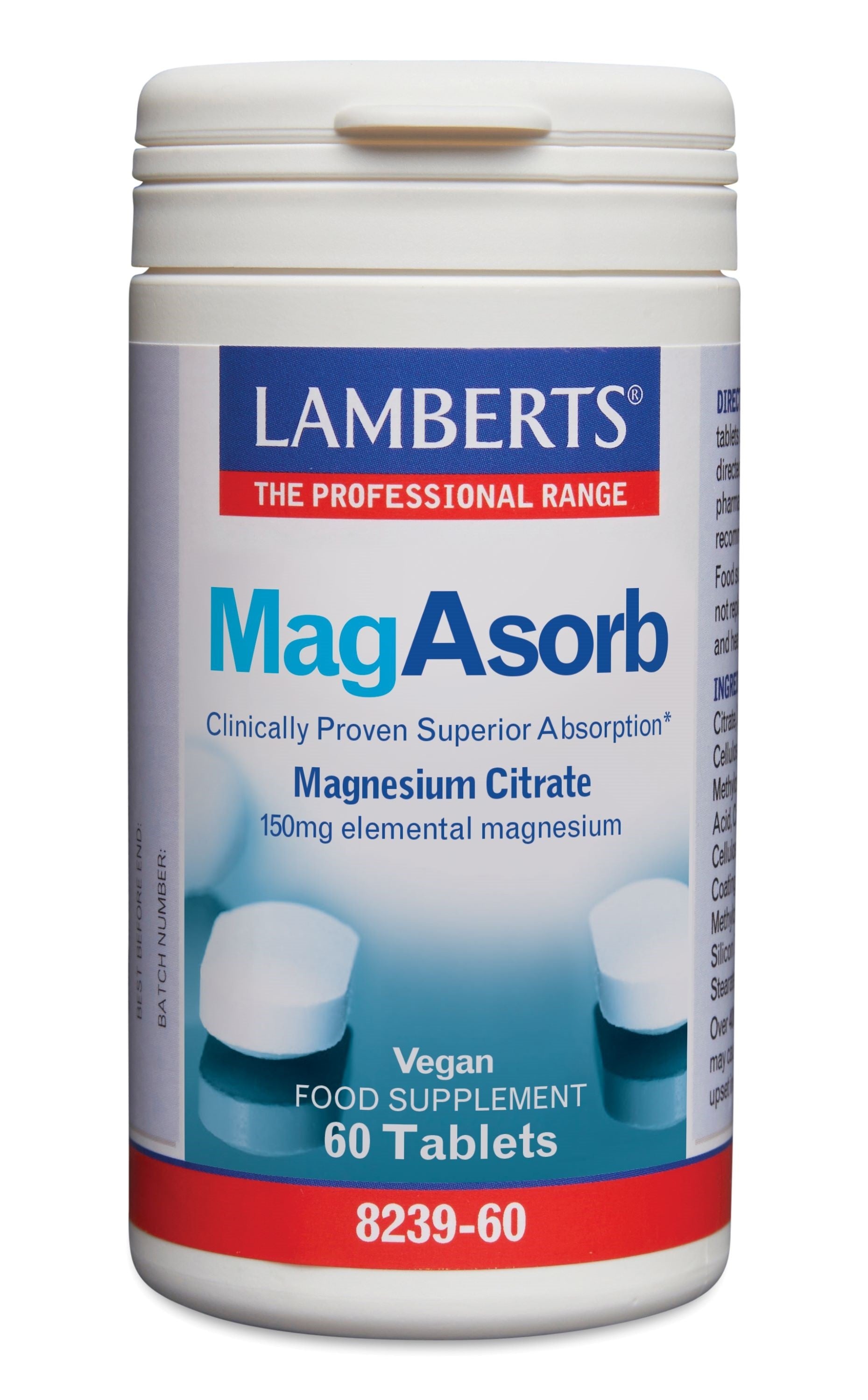 Lamberts MagAsorb magnesium citrate tablets, 150mg, 60 count, dietary mineral supplement in blister pack
