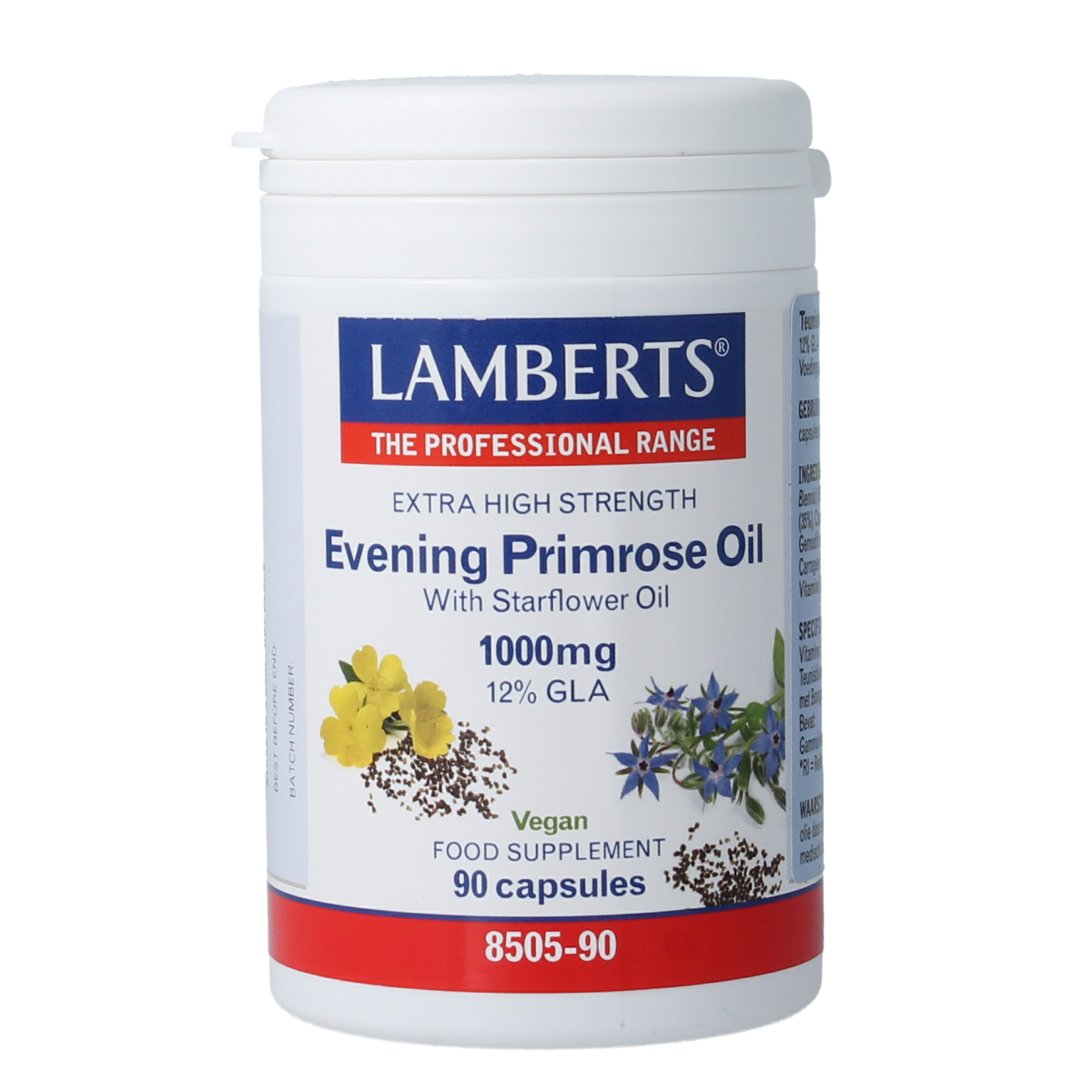 Lamberts Teunisbloem and borage oil capsules, 1000mg, dietary supplement for healthy skin and hormone balance, 90 capsules.