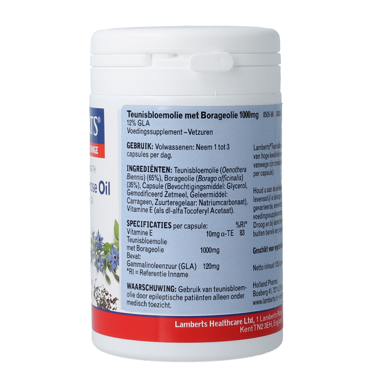 Lamberts Teunisbloem with borage oil 1000mg capsules, supplement for healthy skin and hormonal balance, 90 capsules in bottle.
