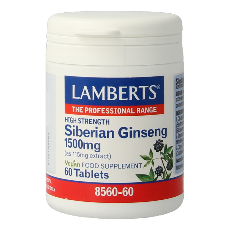 Lamberts Siberian Ginseng 1500mg herbal supplement with 60 tablets, natural adaptogen for energy and vitality.