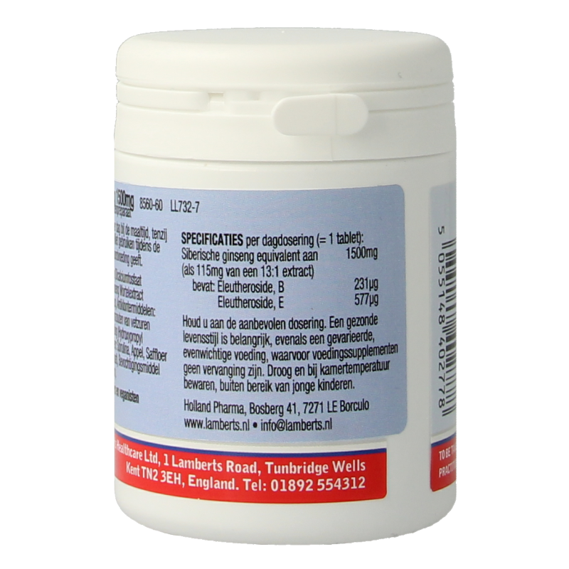 Lamberts Siberian Ginseng 1500mg herbal supplement tablets in a bottle, natural remedy for energy and vitality.
