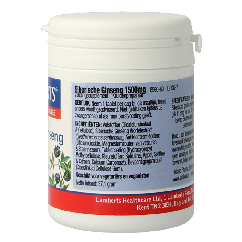 Lamberts Siberian Ginseng 1500mg herbal tablets, 60-count bottle for natural energy and vitality.