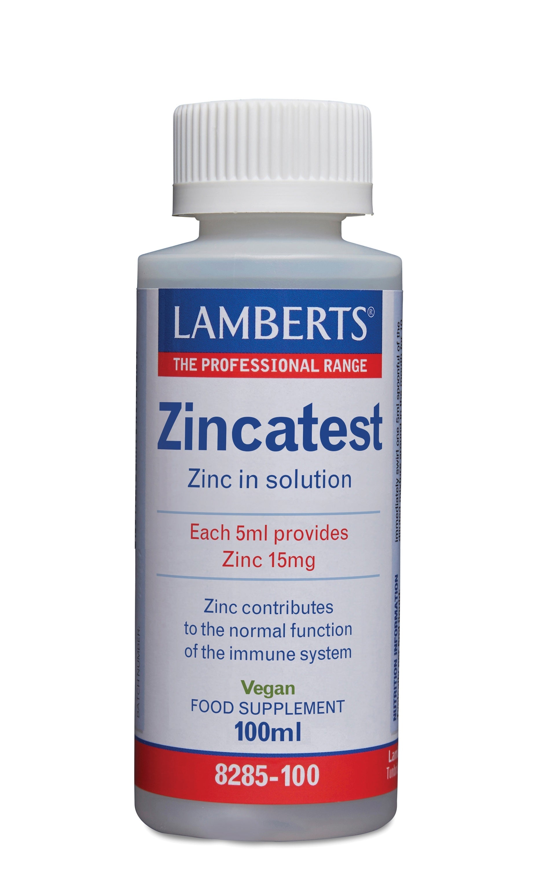 Lamberts Zincatest mineral supplement bottle, 100ml, with label showing product details and branding, on a plain background.