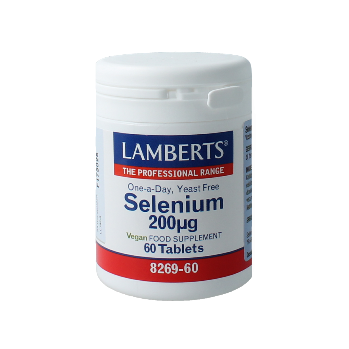 Lamberts Selenium 200mcg mineral tablets in a bottle, supplement with 60 tablets for immune support and antioxidant benefits.