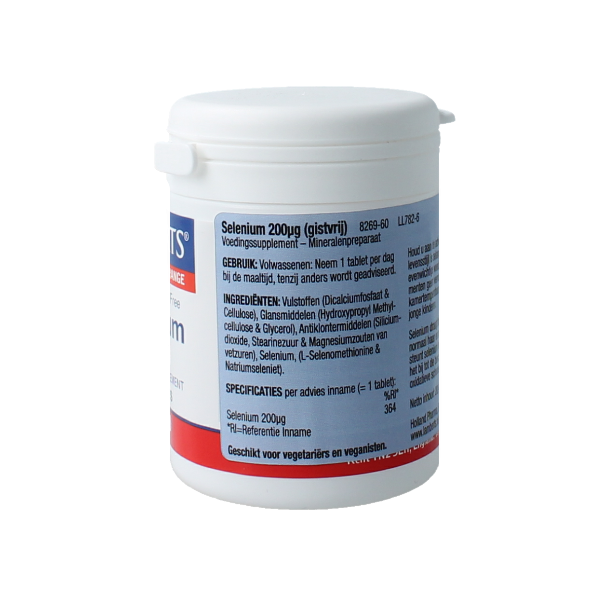Lamberts Selenium 200mcg mineral supplement tablets, 60-count bottle, showing white tablets in a clear container.