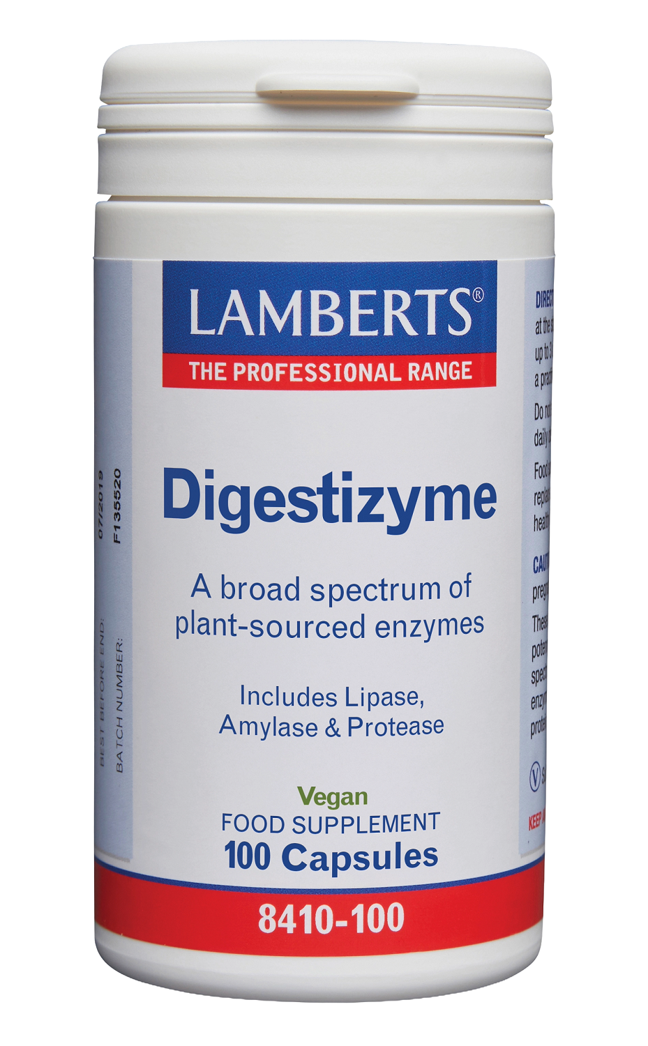 Lamberts Digestizyme vegetarian capsules containing digestive enzymes and fiber supplements in a bottle.