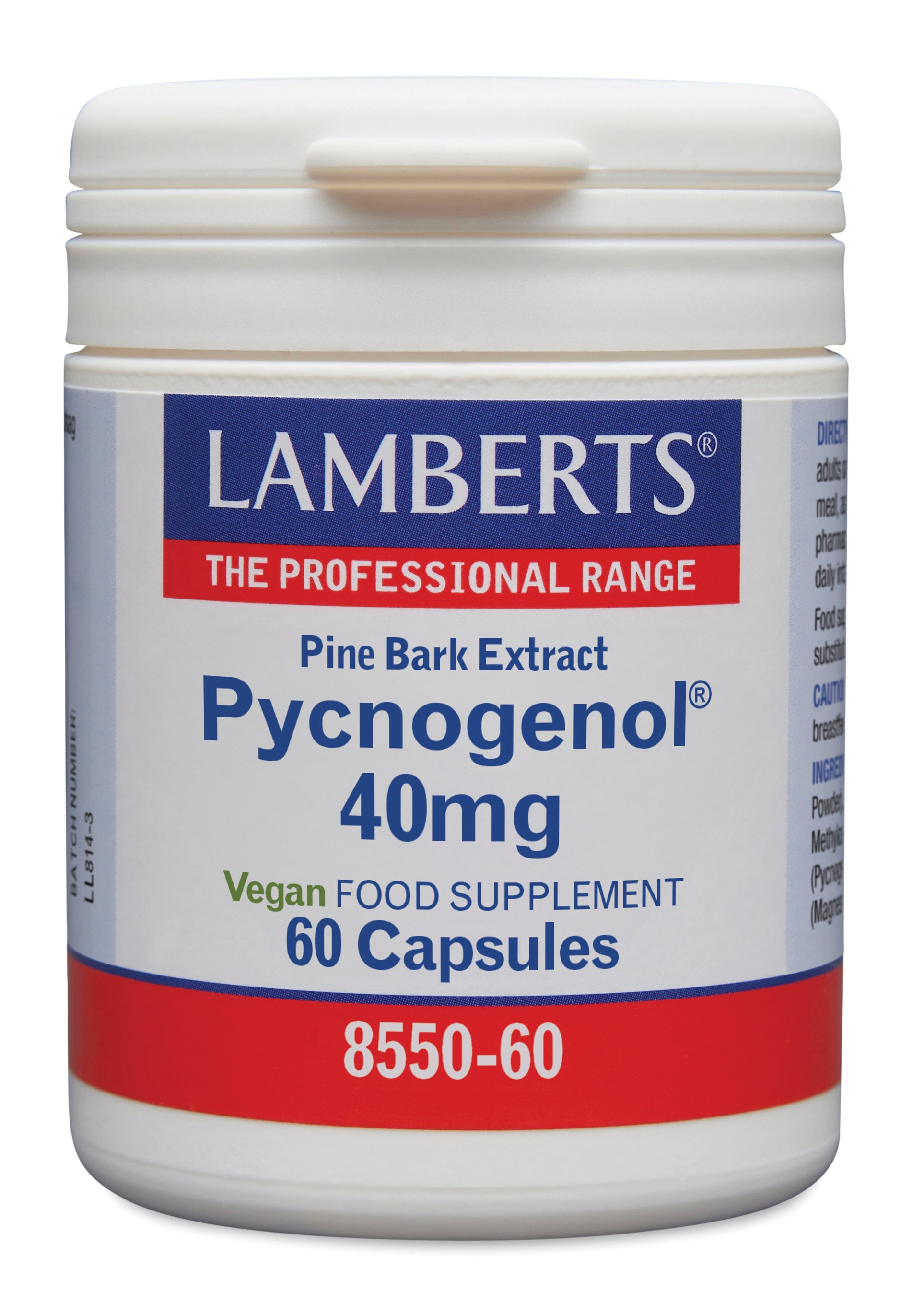 Lamberts Pijnboombast extract (Pycnogenol 40mg) vegetarian capsules, herbal supplement in a clear bottle with capsules inside.