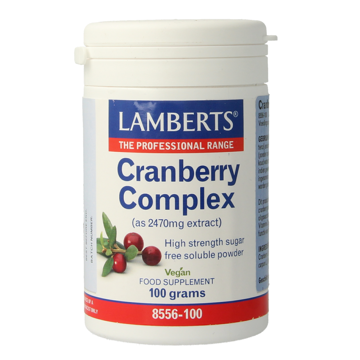 Lamberts Cranberry Complex supplement in 100g jar, herbal preparation with cranberry extract for urinary health.