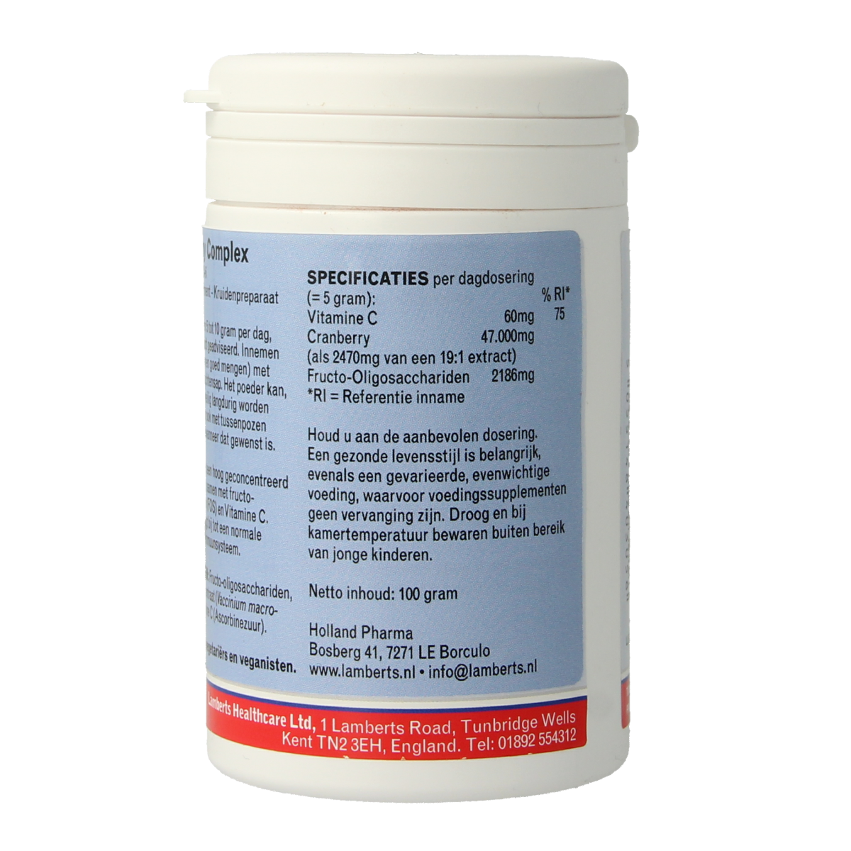 Lamberts Cranberry Complex supplement in 100g package, herbal preparation with fresh cranberries for urinary health support.