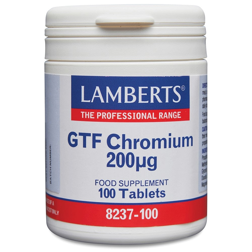 Lamberts GTF Chrome 200mcg mineral supplement tablets, close-up of a bottle with 100 tablets in clear packaging.