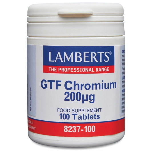 Lamberts GTF Chrome 200mcg mineral supplement tablets, close-up of a bottle with 100 tablets in clear packaging.